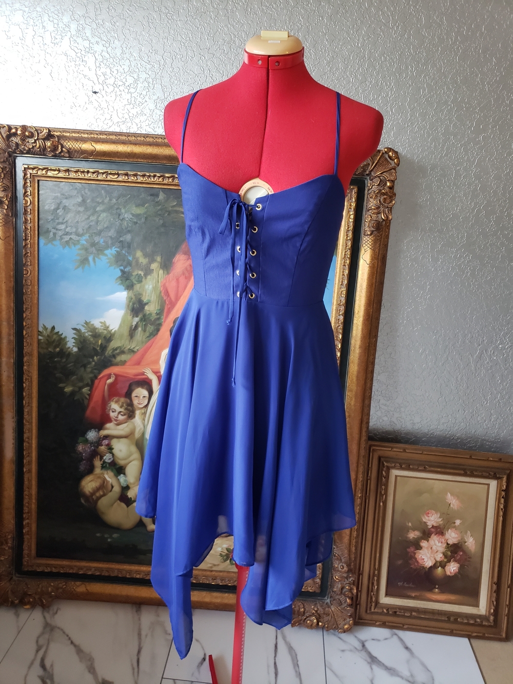 B Darlin Cobalt Blue Spaghetti Strap Asymmetrical Hem Dress